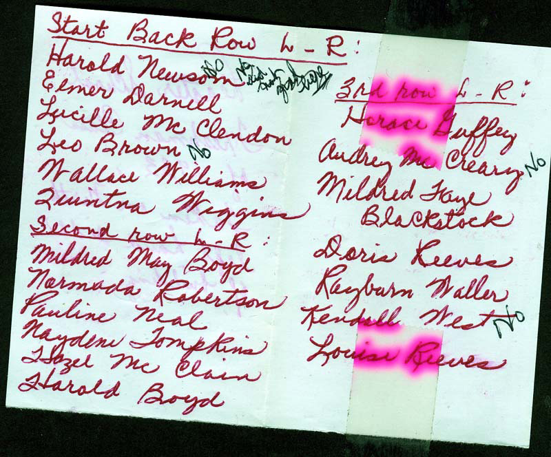 back of photo with list of student's names