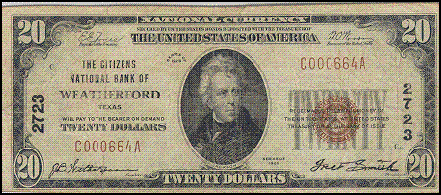 $20 bill issued by Citizen's National Bank in Weatherford